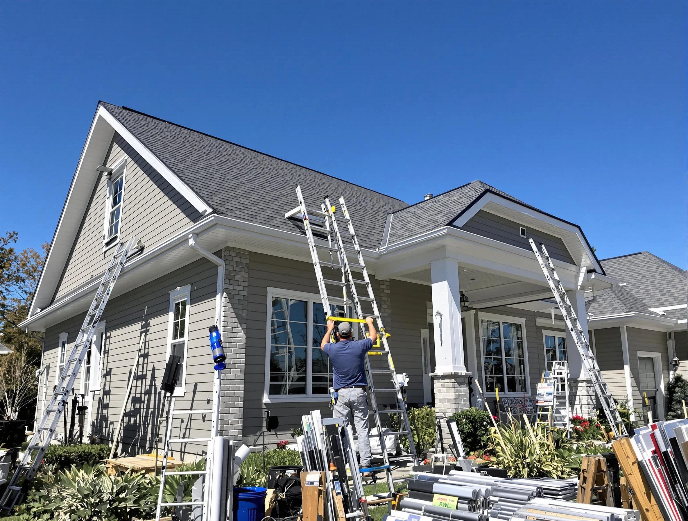 North Ridgeville Roofing Company fitting rain gutters at a home in North Ridgeville, OH